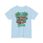 Light blue t-shirt with a tropical graphic and text on the back