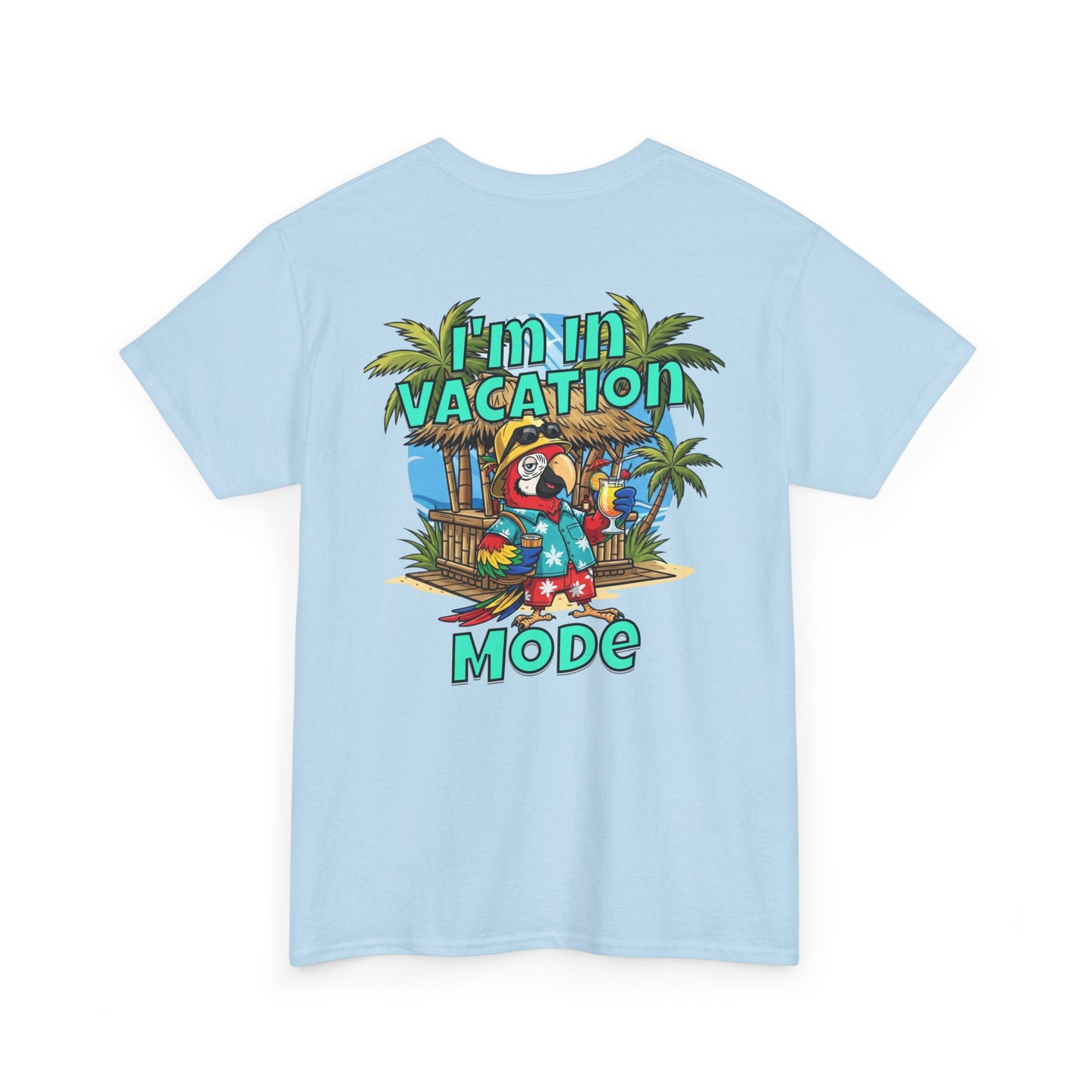 Light blue t-shirt with a tropical graphic and text on the back