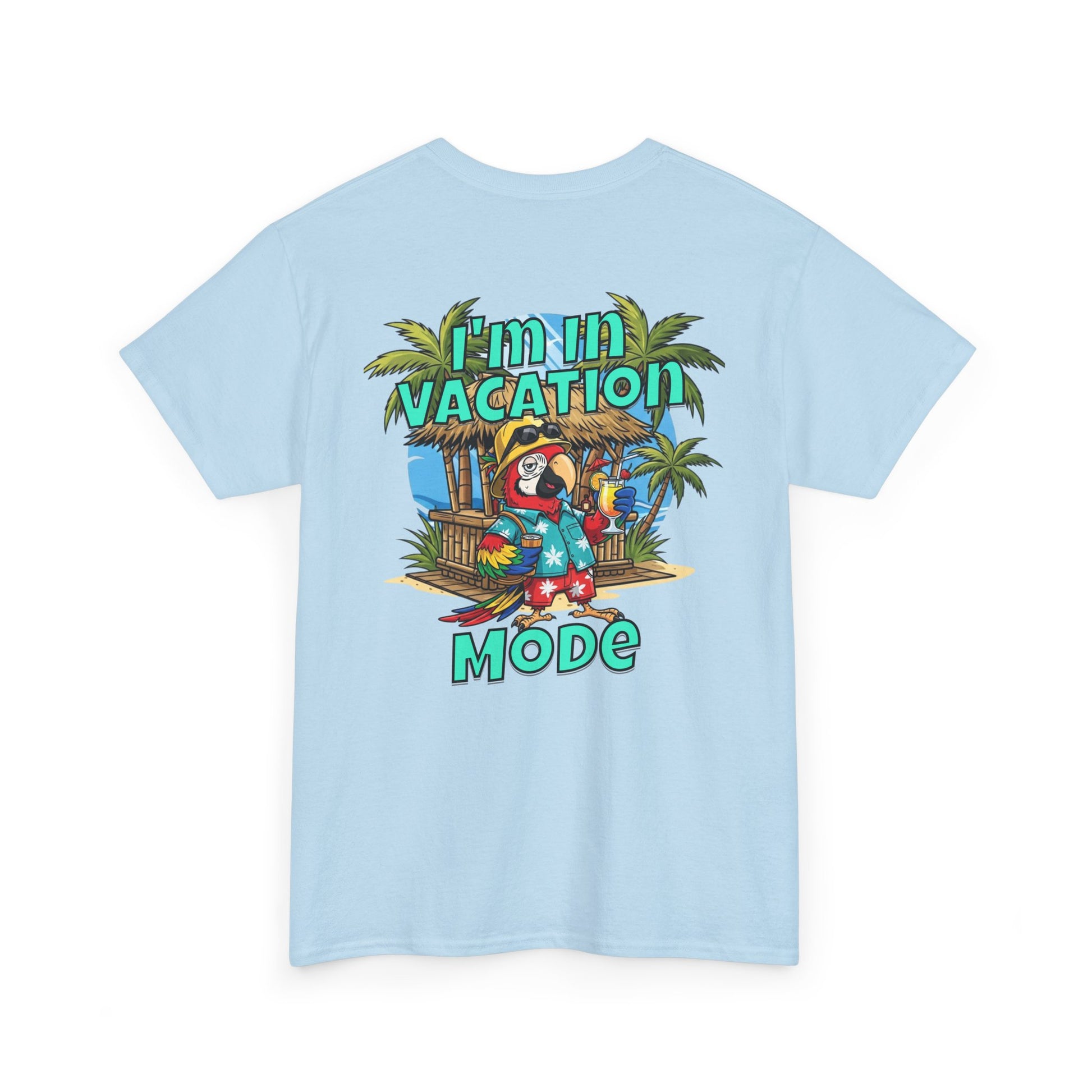 Light blue t-shirt with a tropical graphic and text on the back