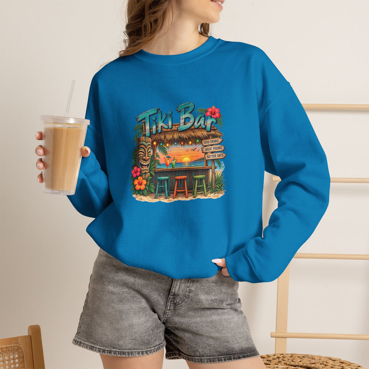 Tiki Bar Crewneck Sweatshirt — Retro Tropical Sunset Design