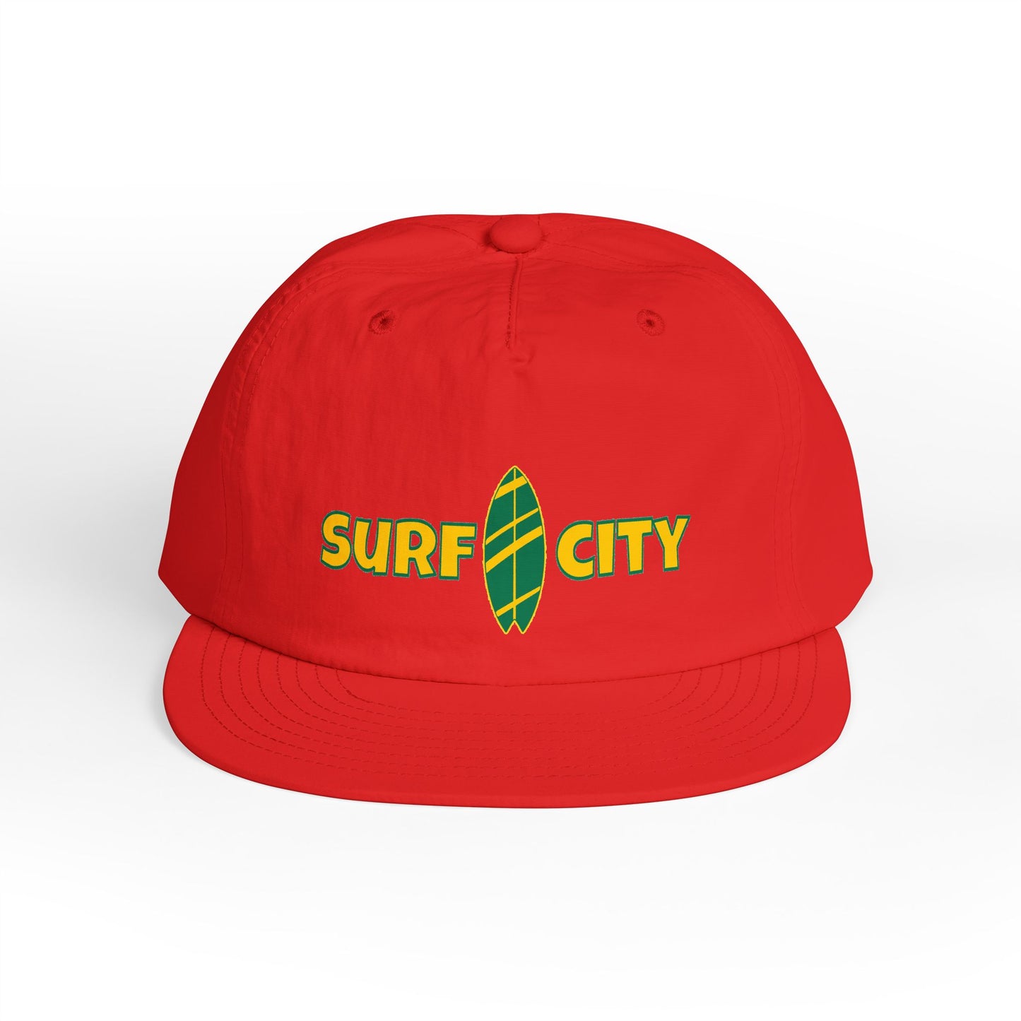 Red cap with 'Surf City' logo on a white background