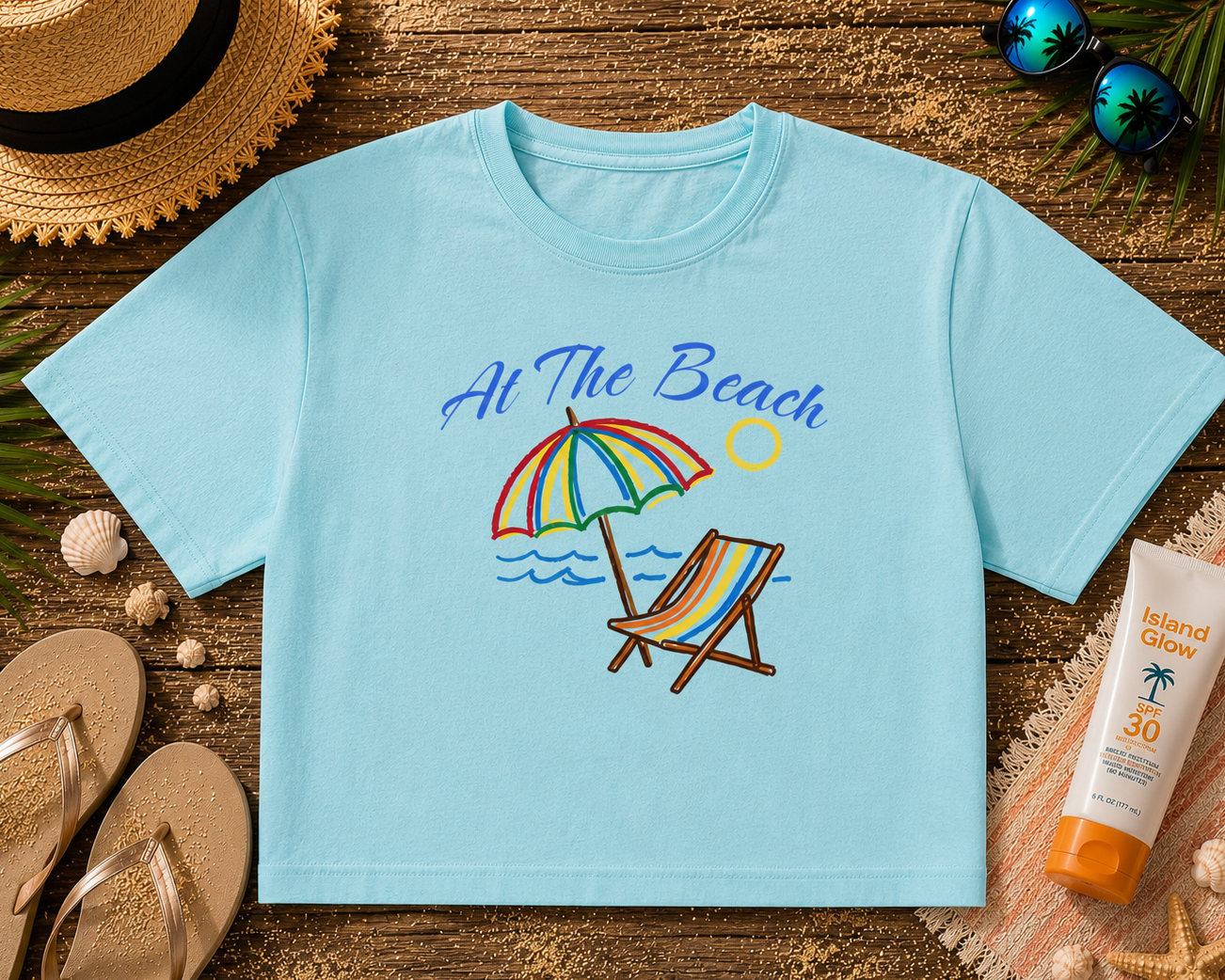 Light blue t-shirt with beach-themed design on a wooden surface with beach accessories.