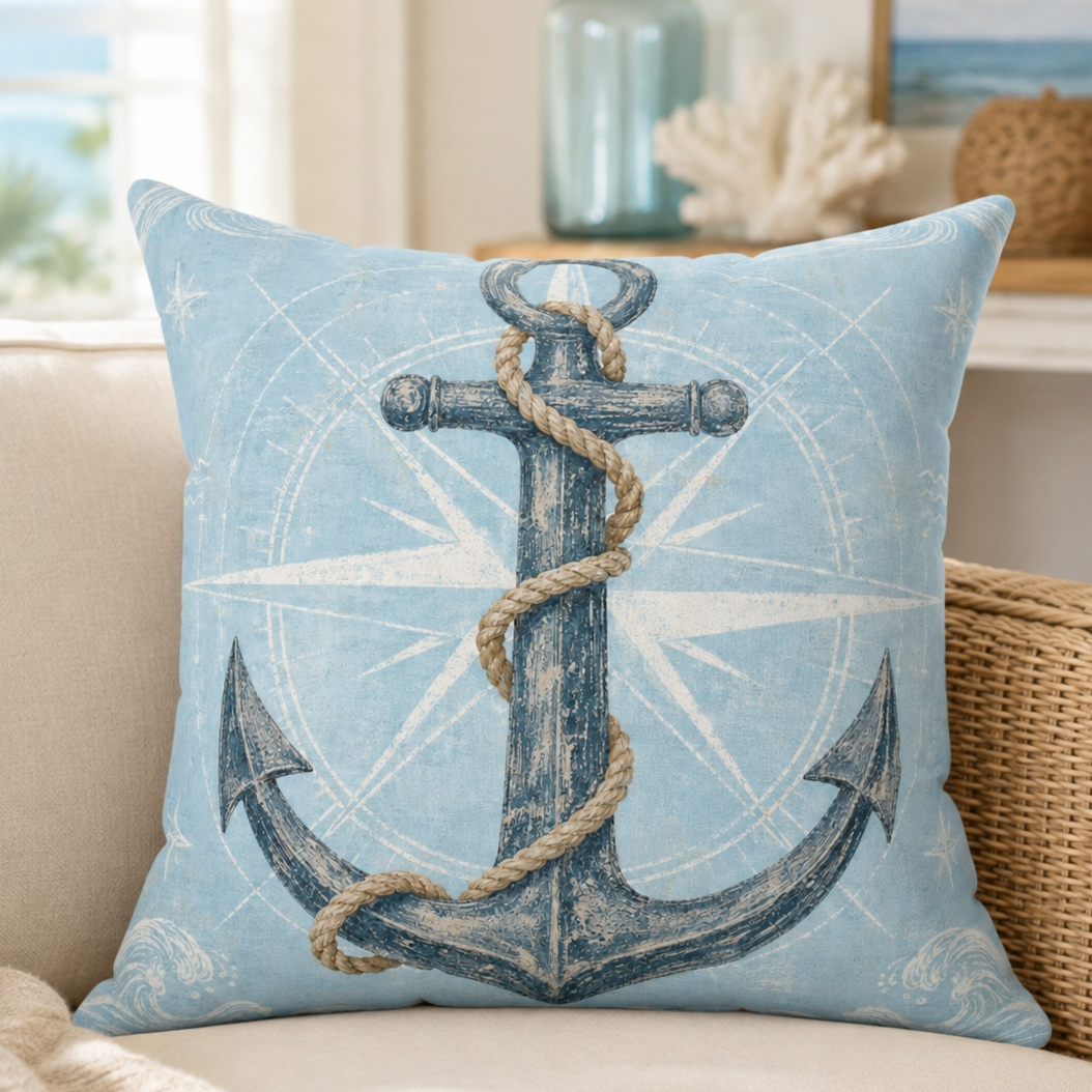 A square throw pillow with a nautical design of a dark blue anchor wrapped in beige rope on a light blue compass-pattern background, styled on a beige sofa in a bright living room.