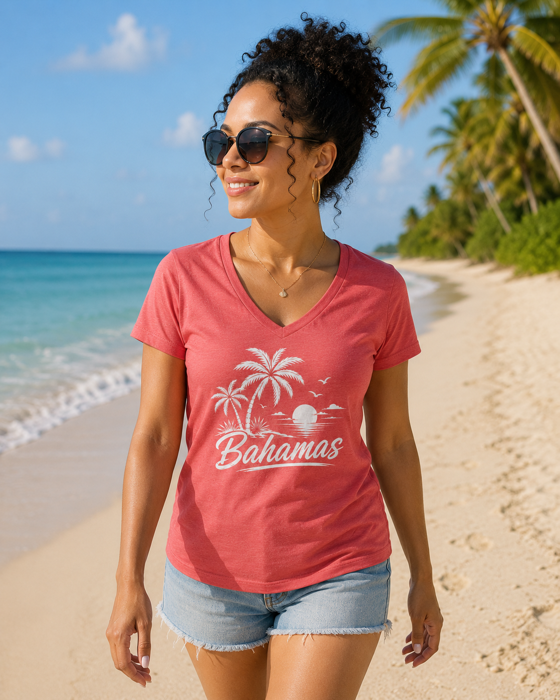Coral pink women's V-neck tee with Bahamas palm tree graphic print, worn