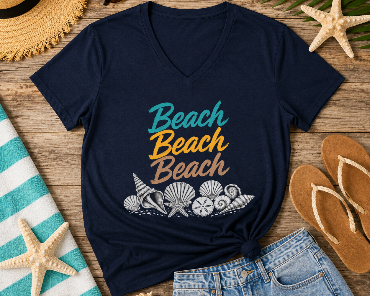 A navy blue V-neck t-shirt with a 'Beach Beach Beach' graphic in teal, yellow, and orange, styled in a flat lay with denim shorts, flip-flops, a straw hat, sunglasses, and starfish on a wooden surface.