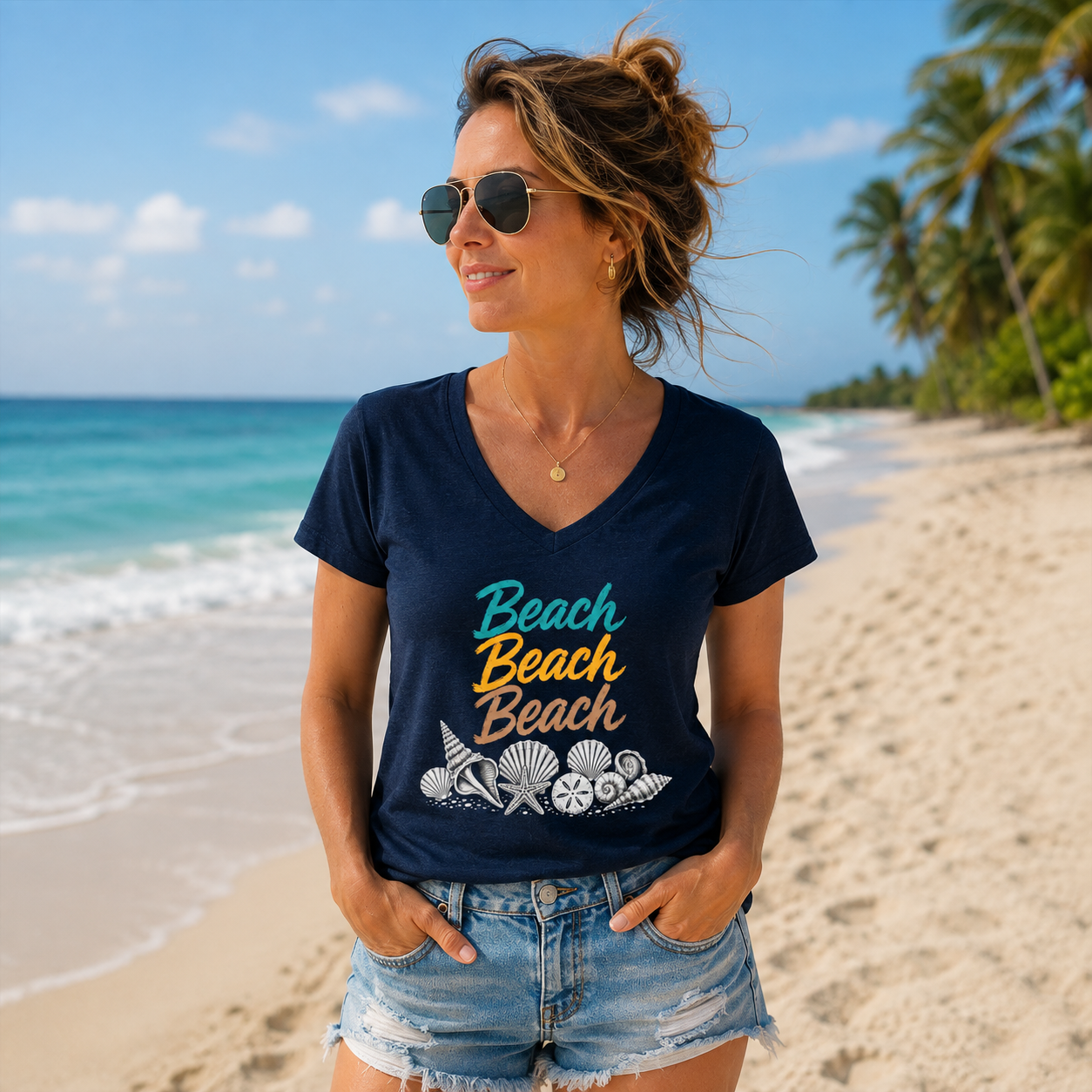 A woman standing on a sandy beach wearing a navy blue V-neck t-shirt with a colorful 'Beach Beach Beach' graphic and seashell print, paired with denim shorts.