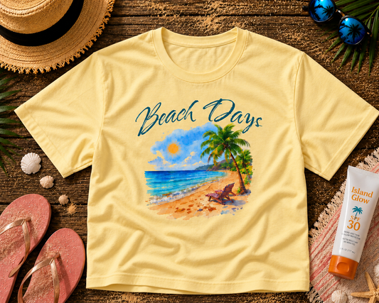 Beach Days Boxy Tee — Tropical Palm Beach Graphic for Women