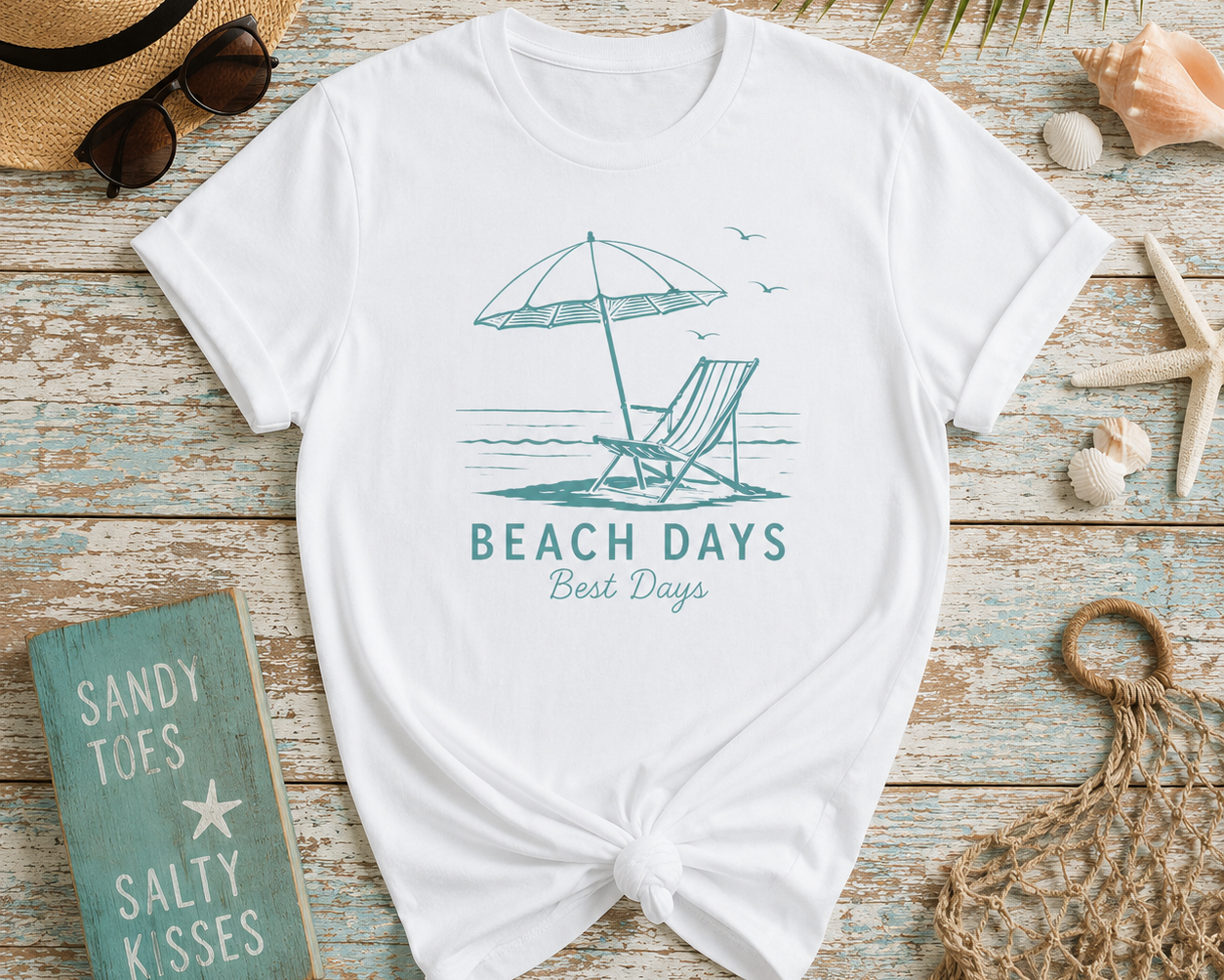 White t-shirt with 'Beach Days Best Days' design on a wooden surface with beach-themed accessories.