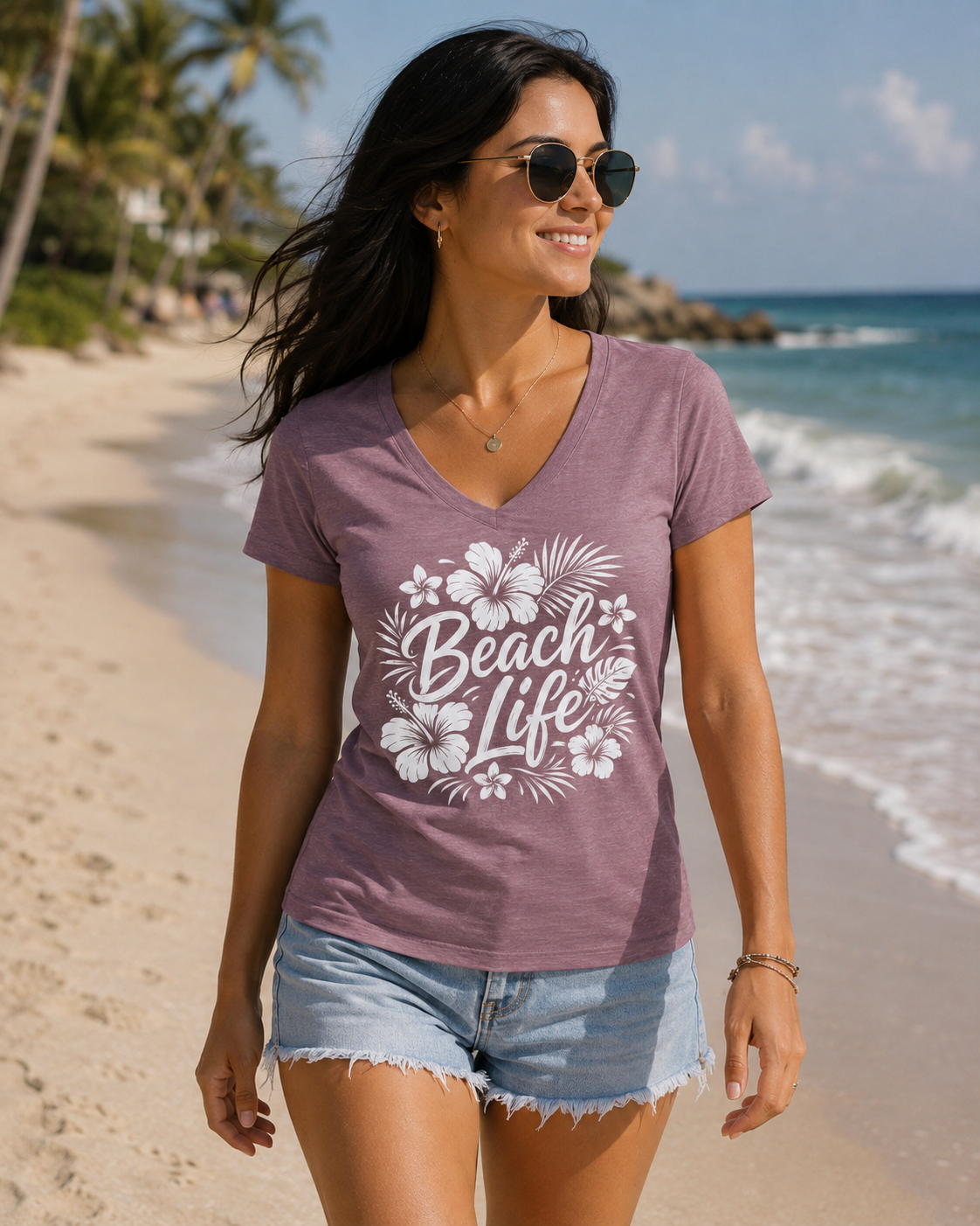 A woman walking on a sandy beach wearing a heathered mauve V-neck t-shirt with a white 'Beach Life' floral graphic, paired with denim shorts.