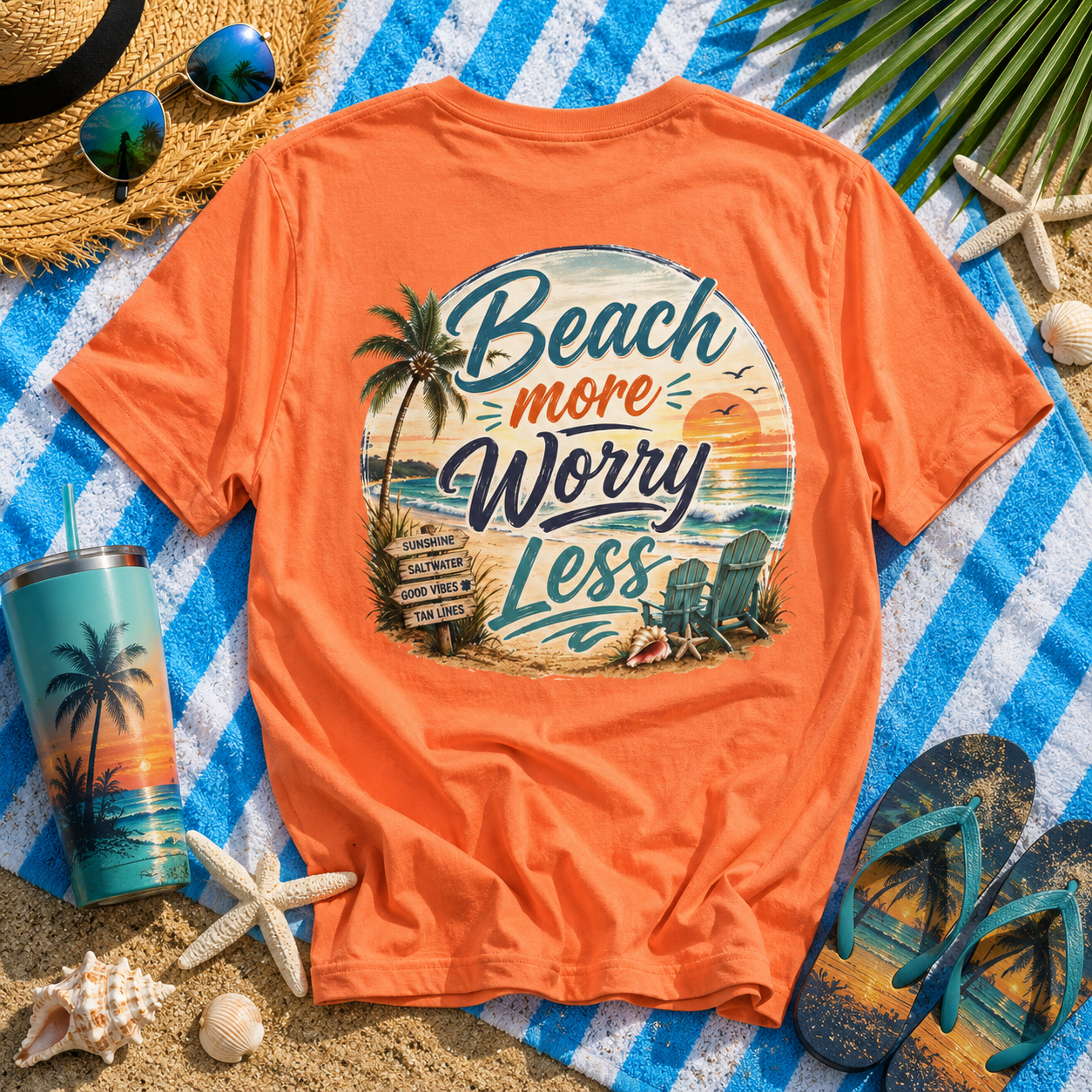Orange t-shirt with beach-themed design on a blue and white striped towel with beach accessories.