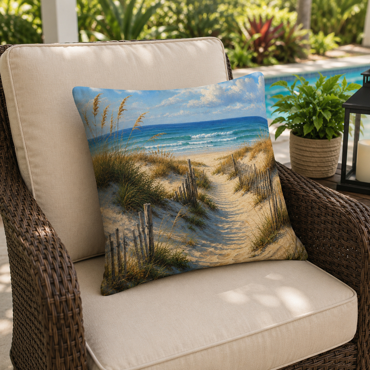 Coastal Dune Outdoor Pillow — Beach Path Scenic Throw Pillow for Patio & Porch