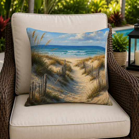 Outdoor throw pillow with rectangular beach dune path print, blue ocean and golden sand tones