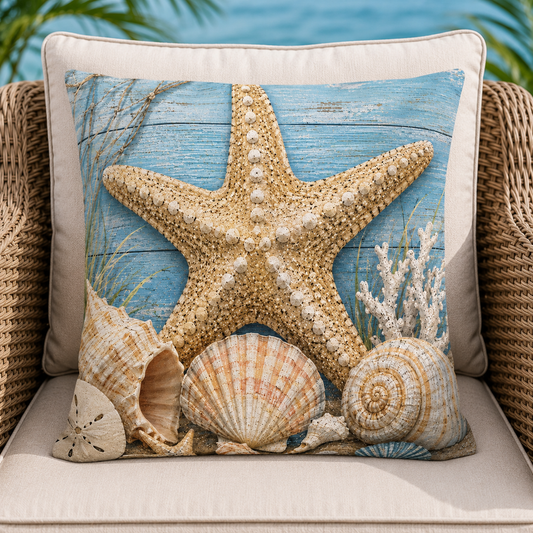 A square decorative throw pillow with a beach-themed print featuring a large starfish, seashells, and coral on a blue wood-plank background, displayed on a beige outdoor chair.