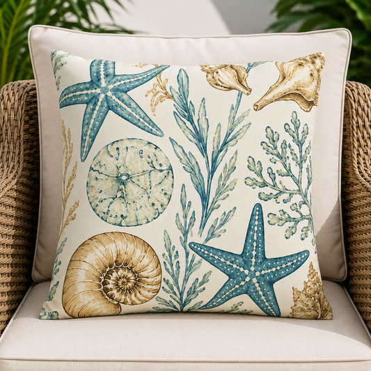 A square outdoor throw pillow with a nautical design featuring blue starfish, beige seashells, and blue-green seaweed on an off-white background, styled on a beige cushion of a wicker chair.