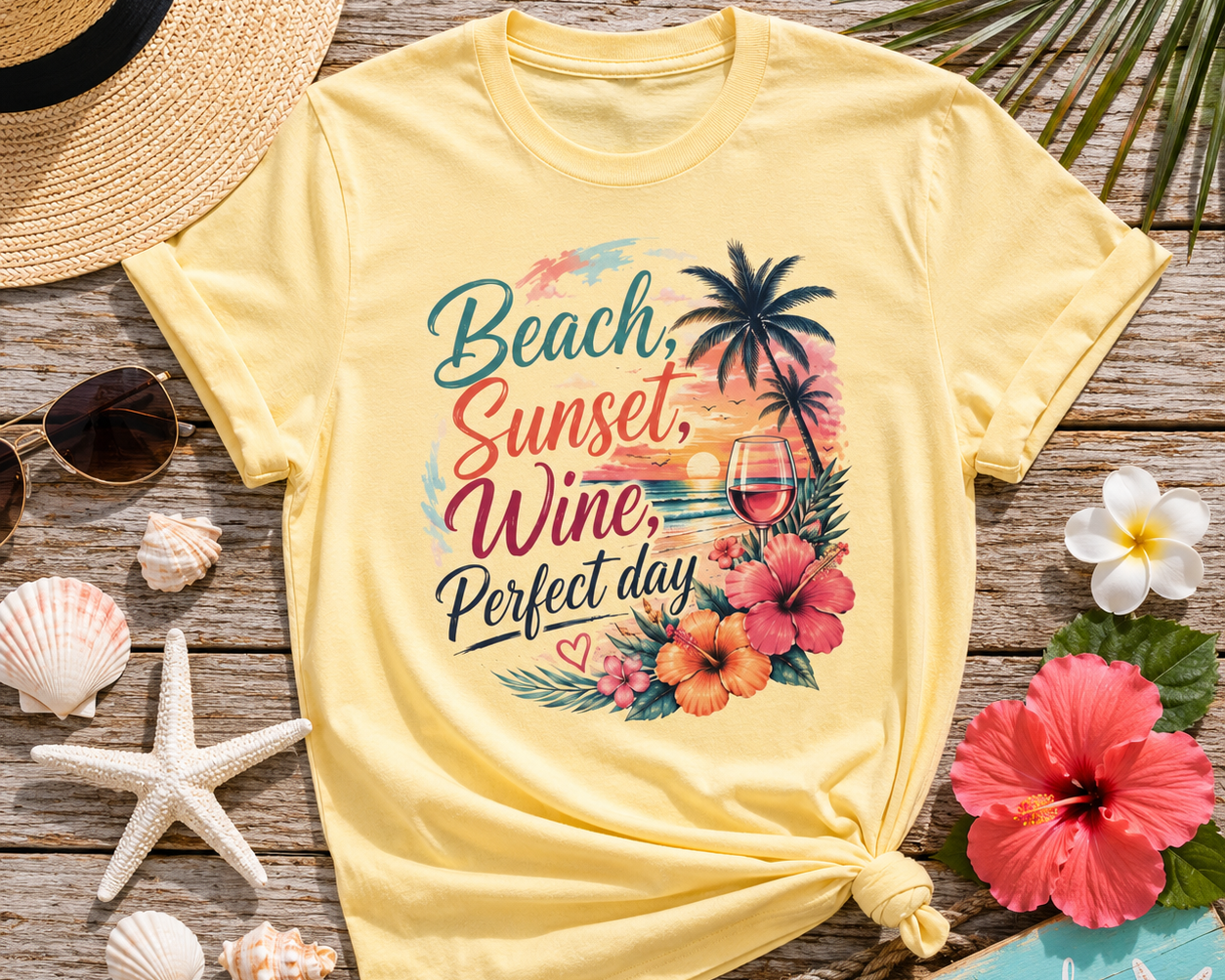 Beach Sunset Wine T-Shirt — "Beach, Sunset, Wine, Perfect Day" Tropical Graphic Tee