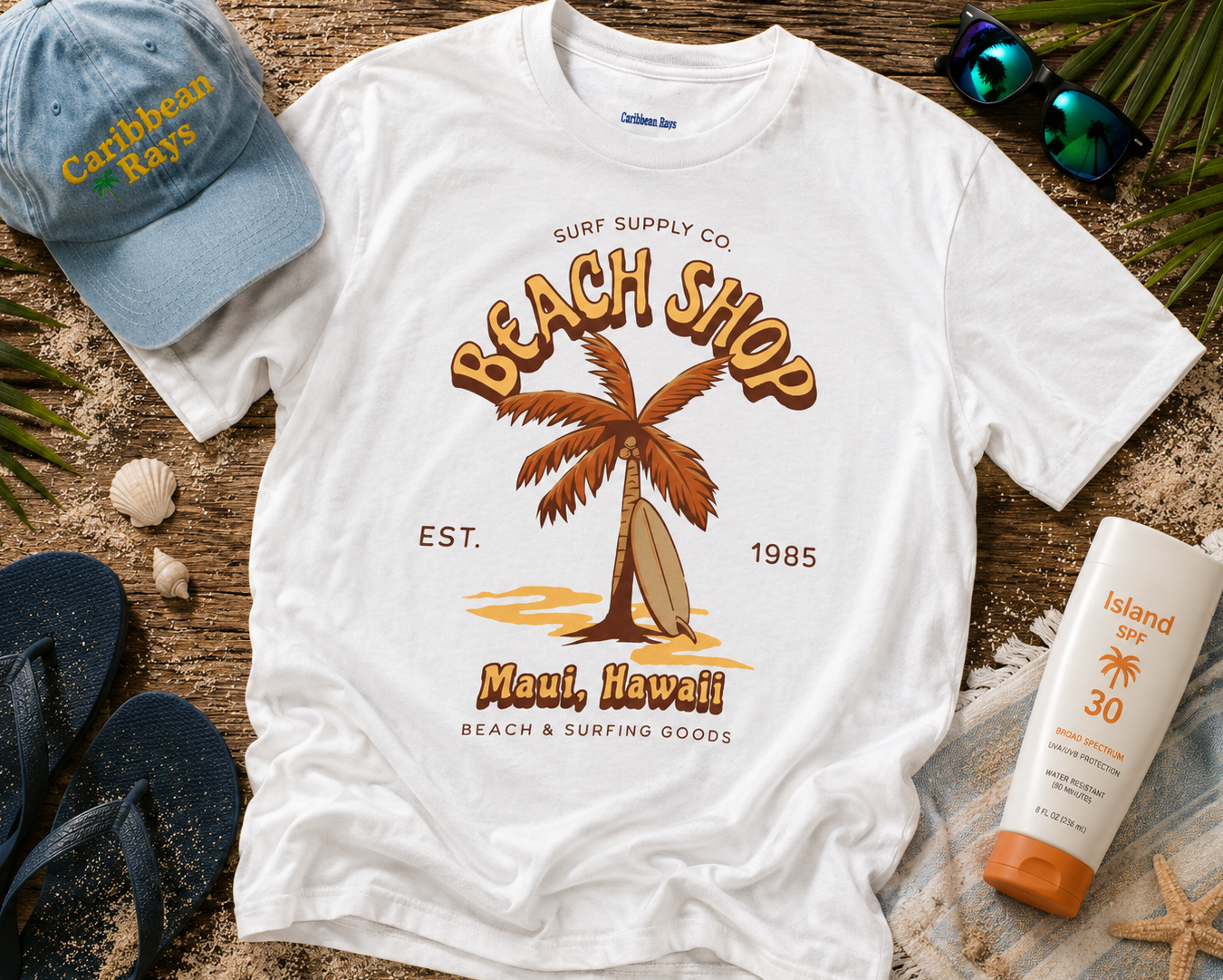 White t-shirt with 'Beach Shop' design, cap, sunscreen, and flip-flops on a wooden surface.