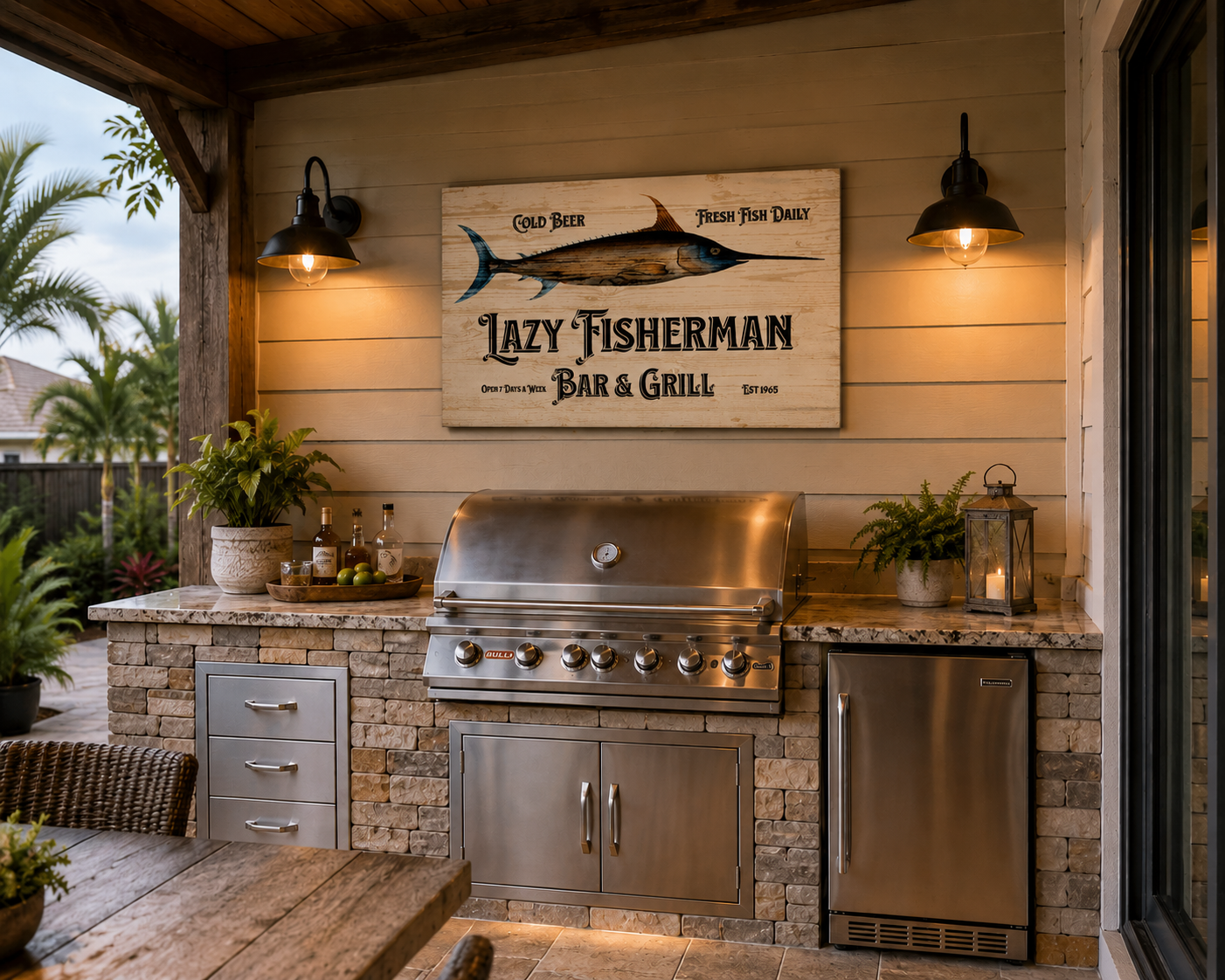 Outdoor kitchen with 'Lazy Fisherman Bar & Grill' sign, grill, and refrigerator.