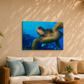 Canvas print of a turtle underwater on a wall above a couch with decorative pillows.