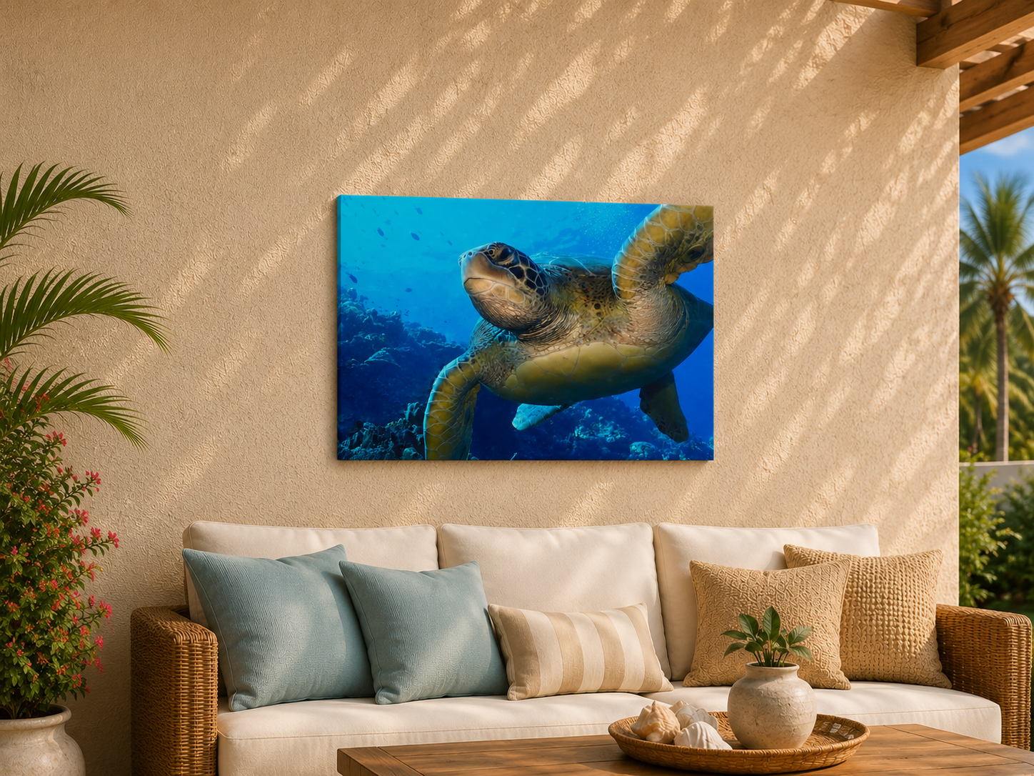 Canvas print of a turtle underwater on a wall above a couch with decorative pillows.