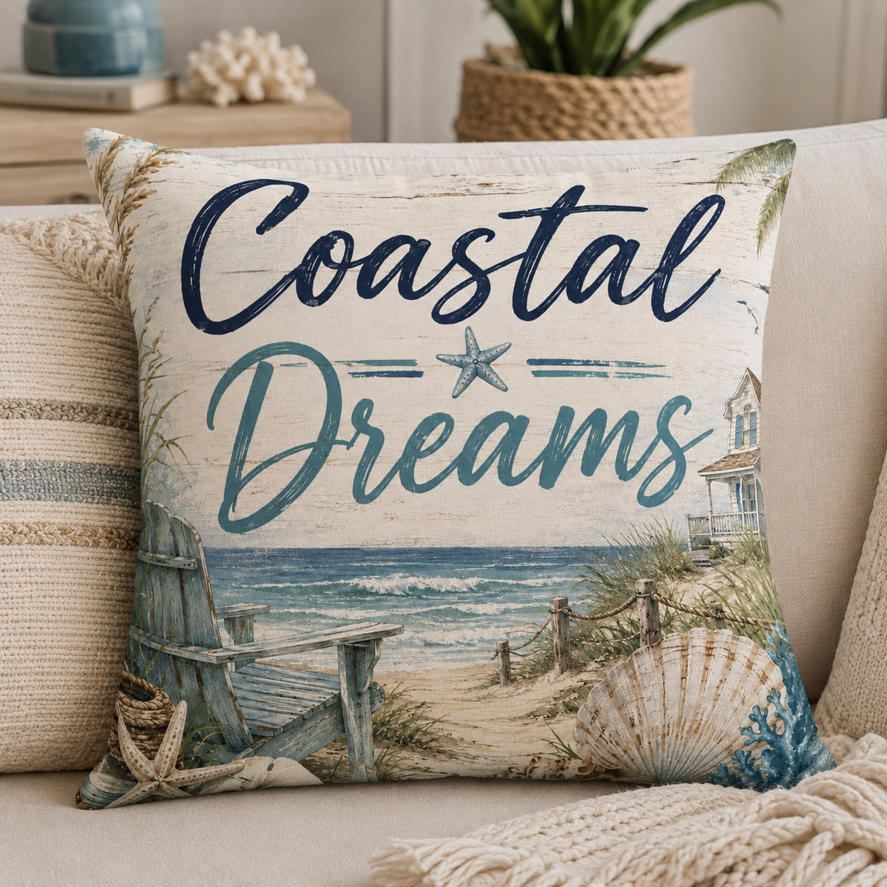 Square polyester throw pillow with Coastal Dreams lettering and ocean beach artwork.
