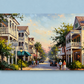 Painting of a quaint street scene with people and cars on a blue background