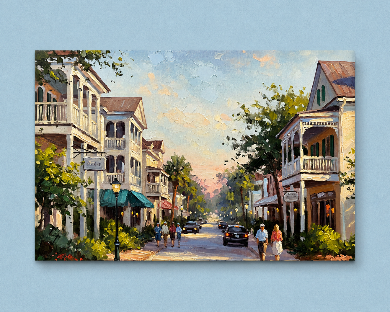 Painting of a quaint street scene with people and cars on a blue background