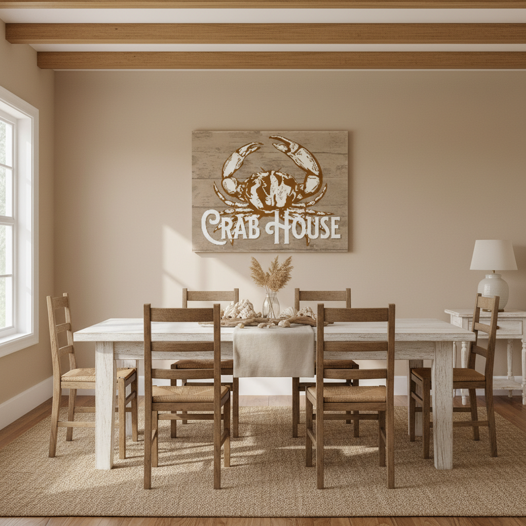 Dining room with a wooden table and chairs, and a 'Crab House' sign on the wall.