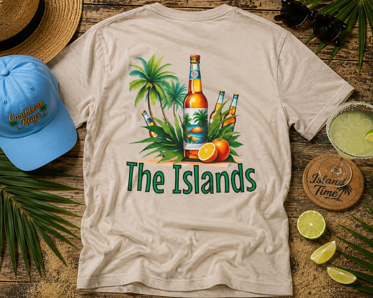 Beige t-shirt with 'The Islands' design featuring bottles and palm trees, surrounded by a blue cap, straw hat, and tropical-themed items on a wooden surface.