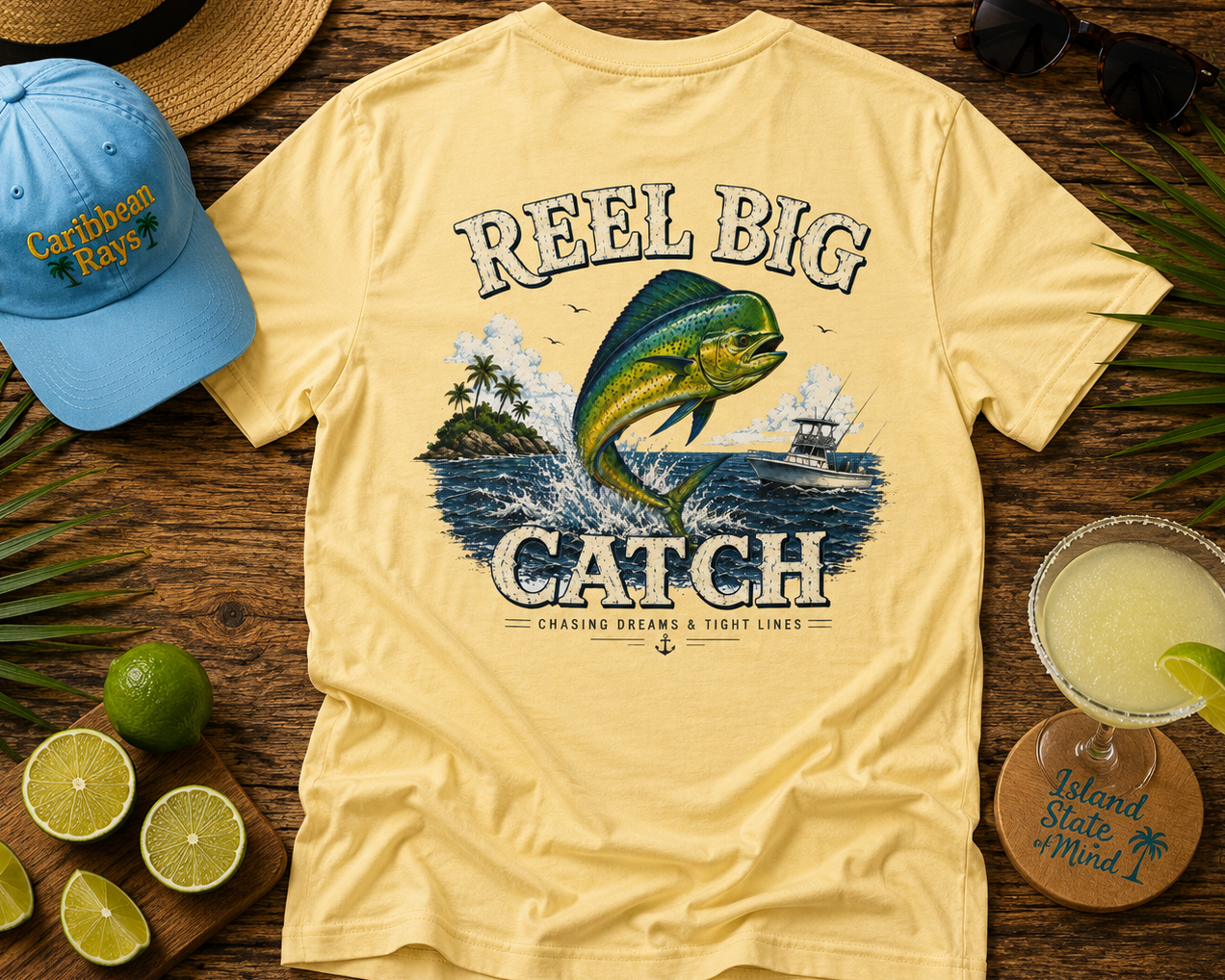 Yellow t-shirt with fishing graphic and text on a wooden surface with accessories.