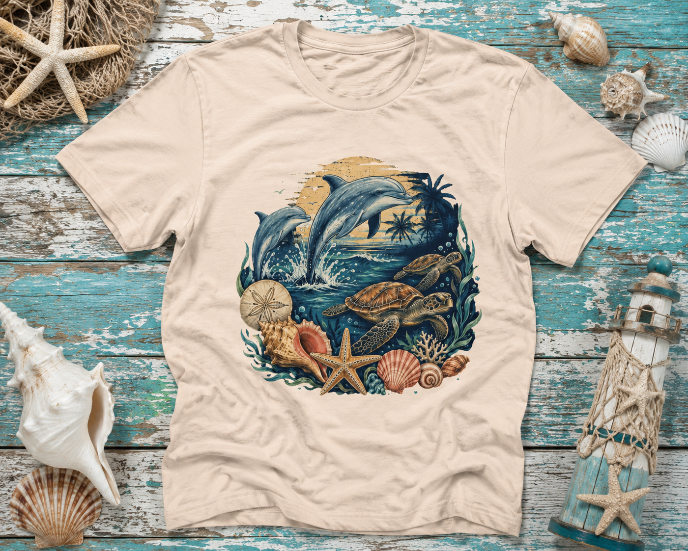 Ocean Life Tee — Vintage Dolphin & Seashell Beach Shirt