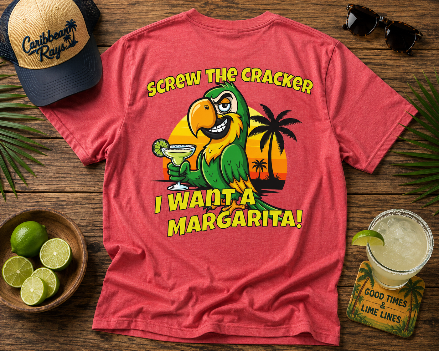 Screw the Cracker I Want a Margarita" T-Shirt Tropical Parrot Cocktail Tee