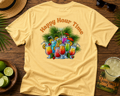 Beige t-shirt with 'Happy Hour Time' design featuring cocktails on a wooden surface with limes and sunglasses.