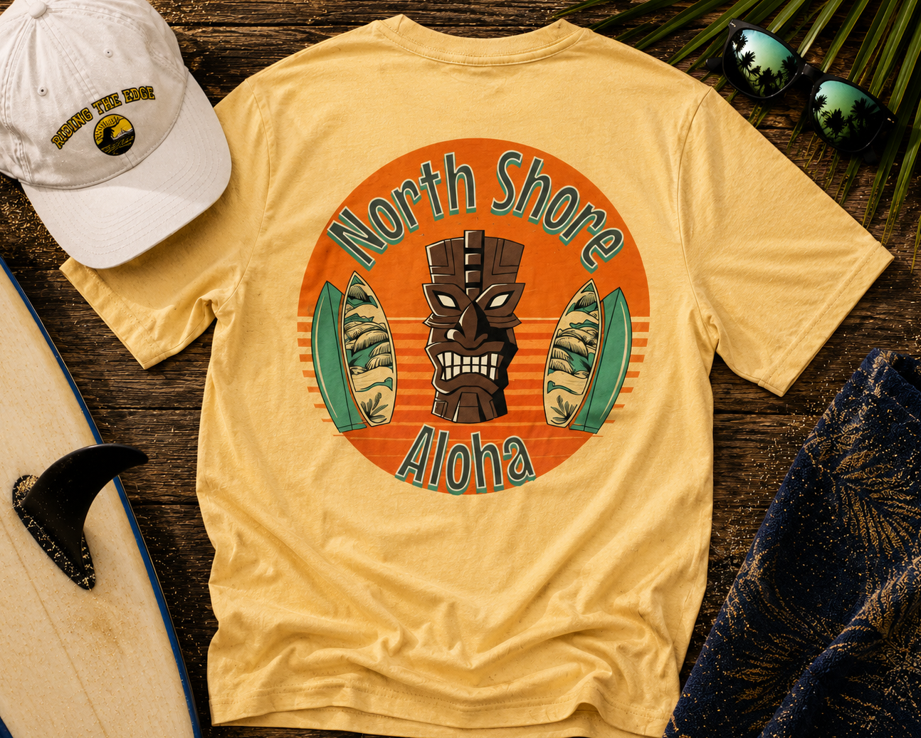Yellow t-shirt with 'North Shore Aloha' design on a wooden surface with a cap and sunglasses.