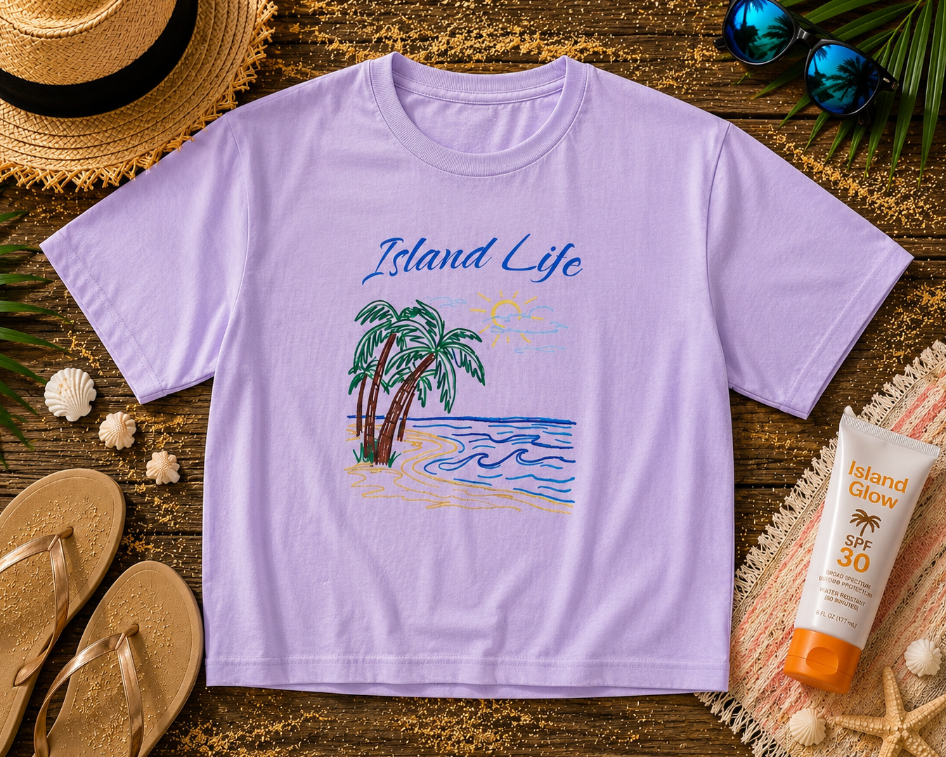 Purple t-shirt with 'Island Life' design on a wooden surface with beach accessories.