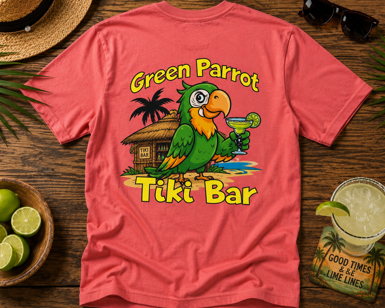 Pink t-shirt with a green parrot graphic and 'Green Parrot Tiki Bar' text on a wooden surface with a drink and limes.