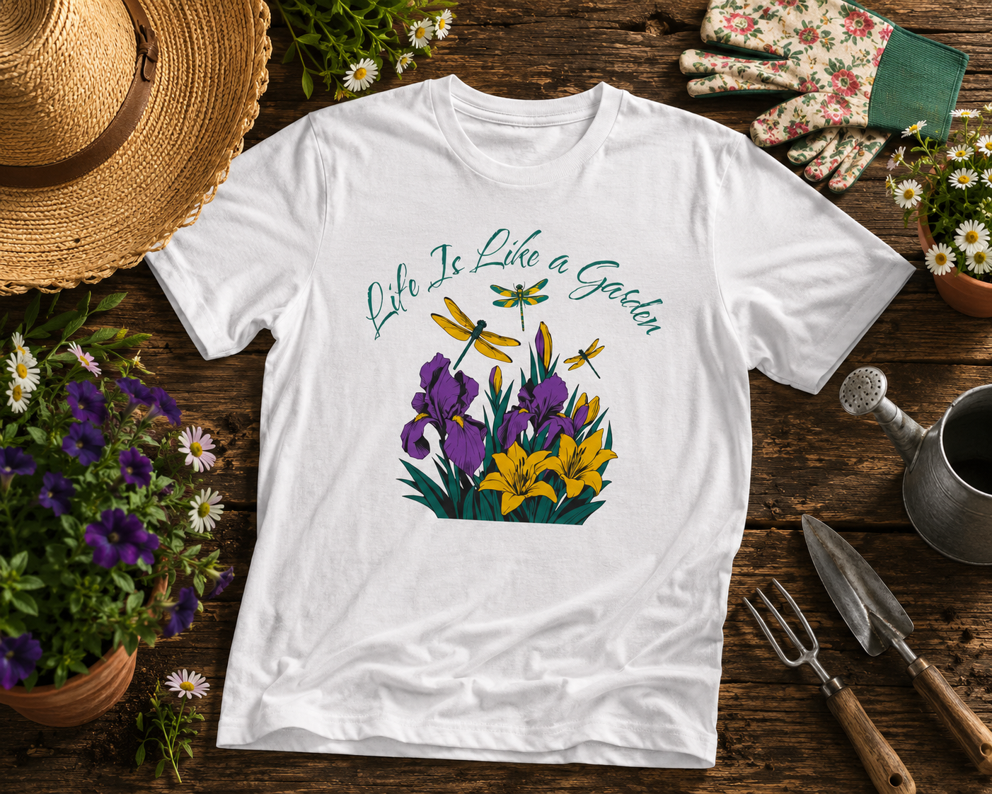 Women’s Floral Tee — "Life Is Like a Garden" Iris & Crocus Spring Shirt