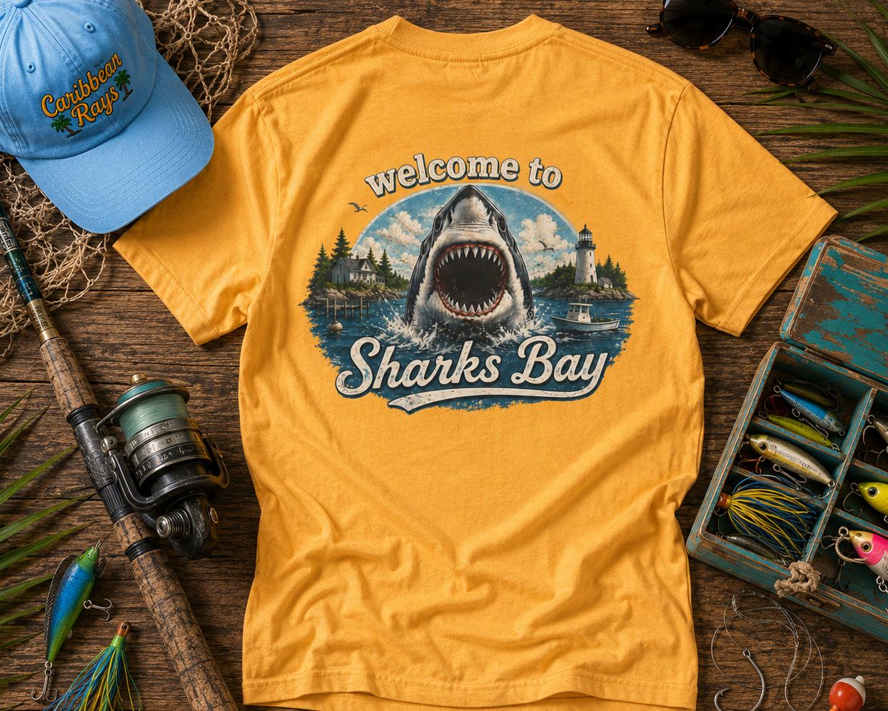 Yellow t-shirt with shark graphic and text, blue cap, fishing rod, and lures on a wooden surface