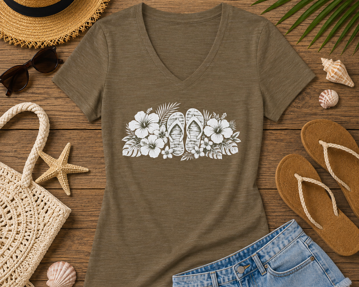 A women's short-sleeve V-neck t-shirt in heathered brown, featuring a white graphic print of tropical flowers and flip-flops across the chest, displayed on a clean white background.