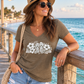 Heather gray women’s V-neck short-sleeve tee with white floral flip-flop graphic