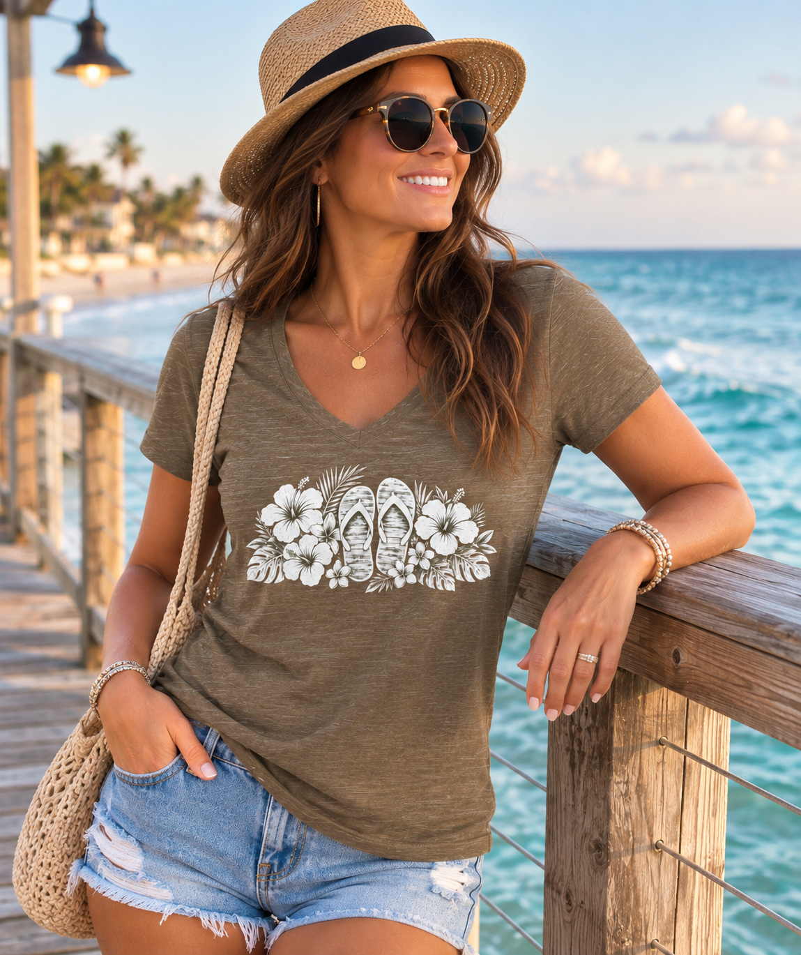 Heather gray women’s V-neck short-sleeve tee with white floral flip-flop graphic
