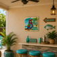 Tiki-themed outdoor bar area with parrot sign, tiki bar sign, and decorative items.