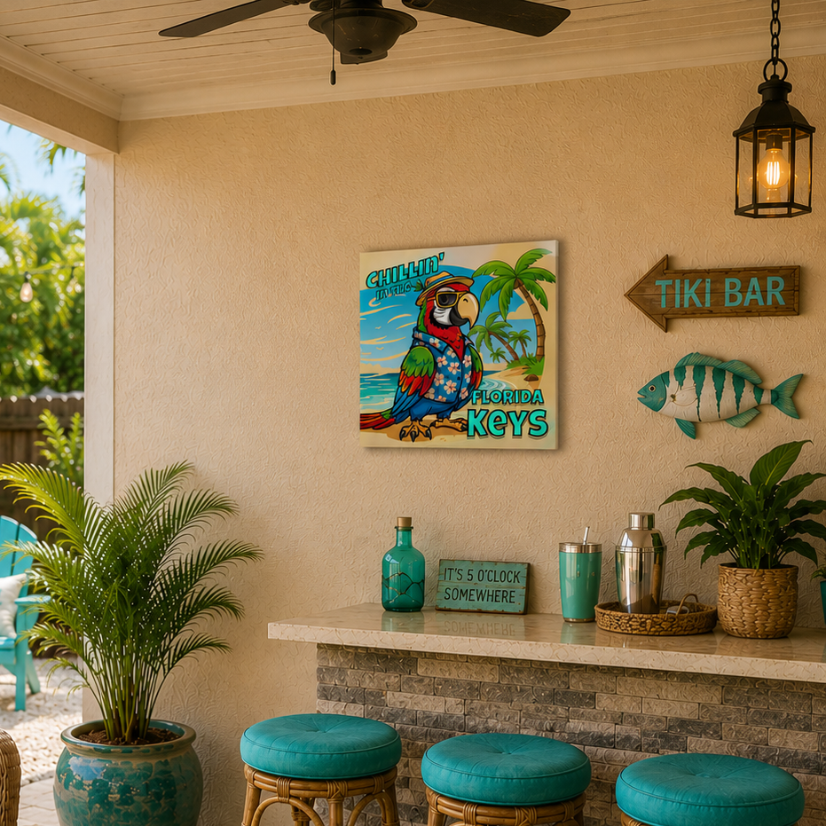 Tiki-themed outdoor bar area with parrot sign, tiki bar sign, and decorative items.