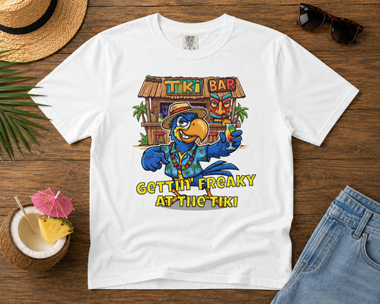 Gettin' Freaky at the Tiki Dancing Parrot Comfort Colors T-shirt