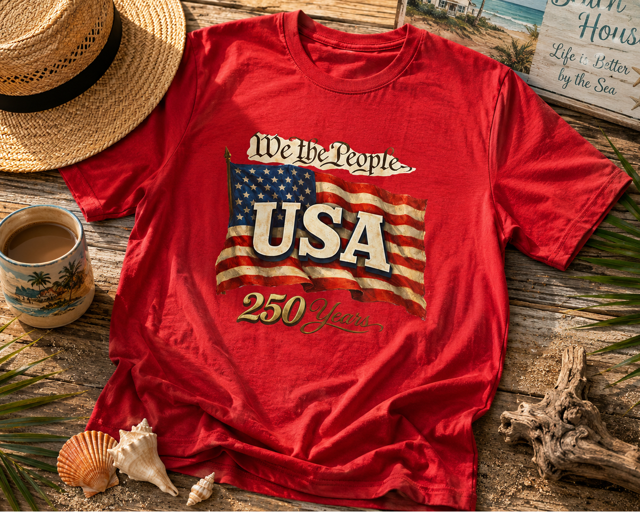 Red t-shirt with 'We the People USA 250 Years' design on a wooden surface with a hat, mug, and beach-themed decor.
