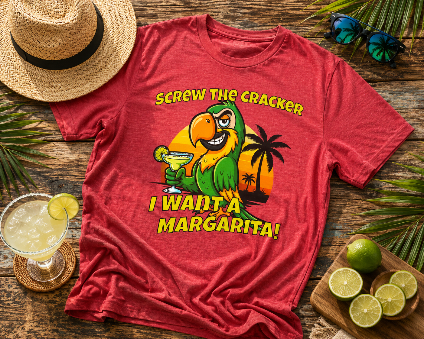 Screw the Cracker I Want a Margarita" T-Shirt Tropical Parrot Cocktail Tee