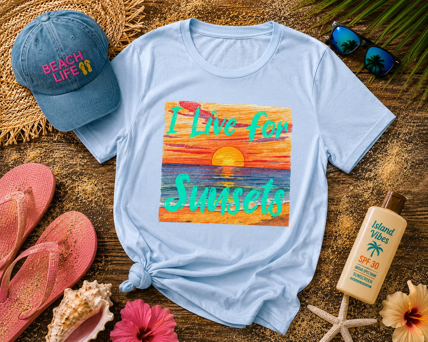 Light blue t-shirt with sunset design and 'Beach Life' cap on a wooden surface with flip-flops and sunscreen.