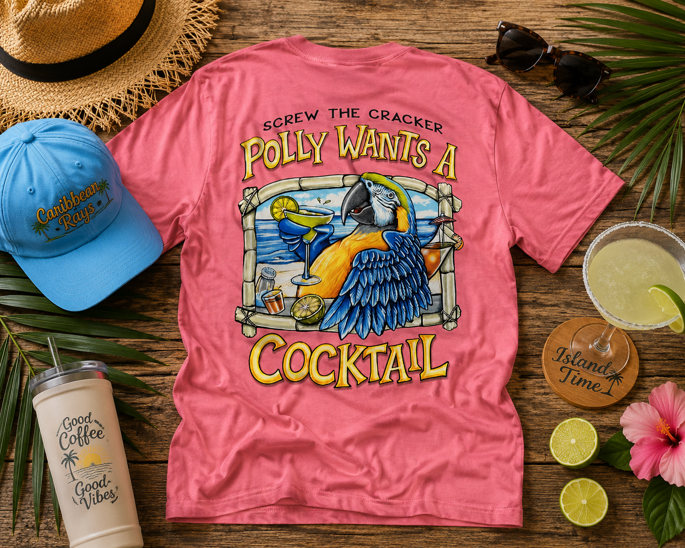 Polly Wants A Cocktail Short Sleeve Coral Tropical T-shirt