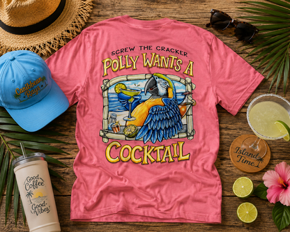 Polly Wants A Cocktail Short Sleeve Coral Tropical T-shirt