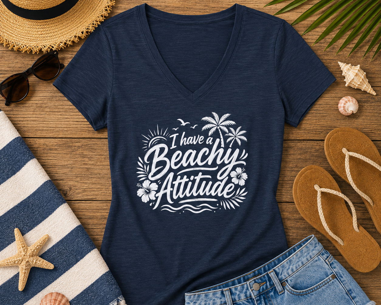 A navy blue V-neck t-shirt with a white graphic reading 'I have a Beachy Attitude' surrounded by palm trees and flowers, styled in a beach-themed flat lay with denim shorts, a straw hat, sunglasses, a striped towel, and seashells on a wooden surface.