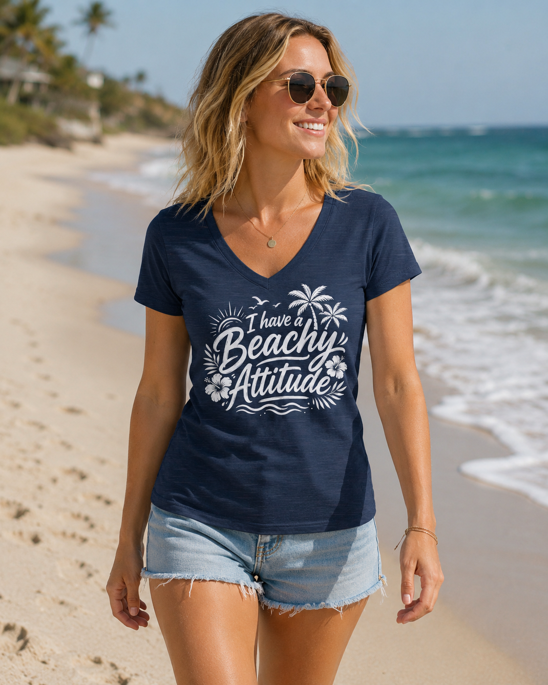 A woman walking on a sandy beach wearing a navy blue V-neck t-shirt with a white graphic that reads 'I have a Beachy Attitude' with palm trees and flowers, paired with light denim shorts.